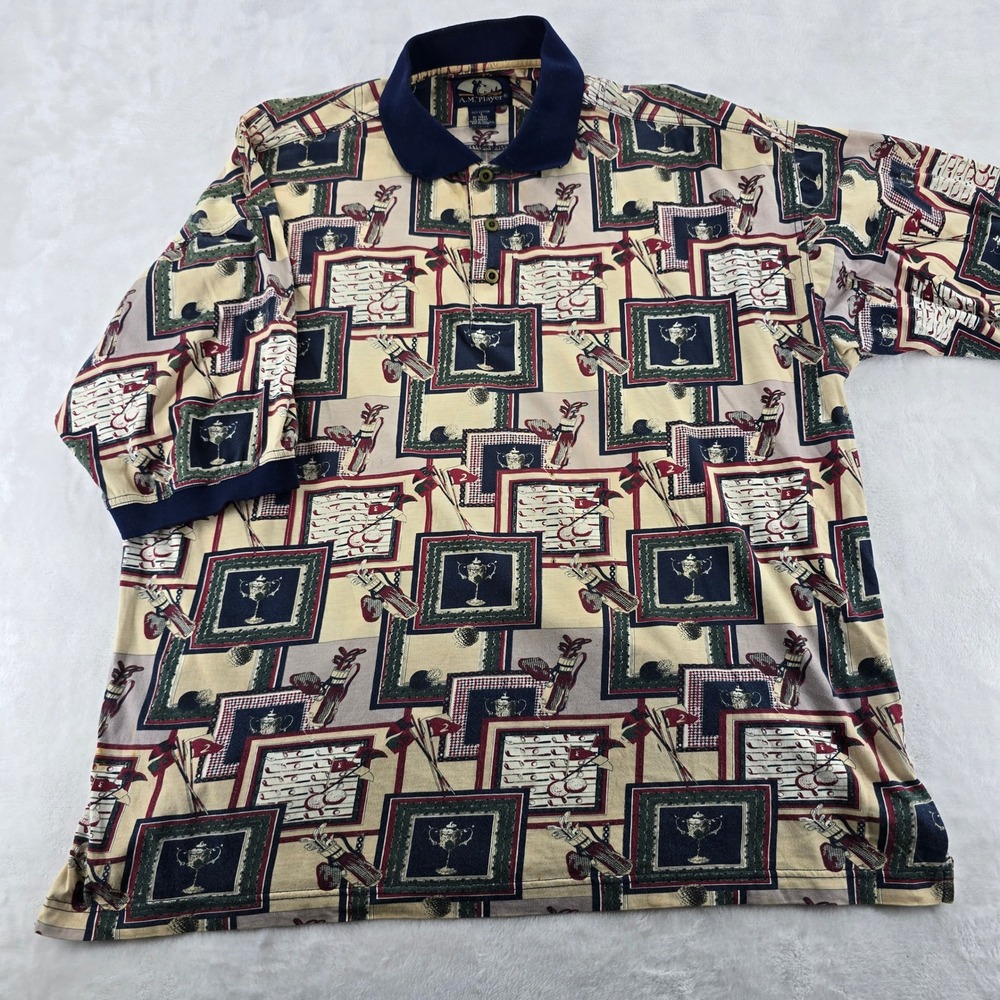 A.M. Player Polo Shirt Mens Large Vintage Golf Print Multicolor Cotton Short Slv